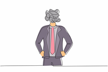Poster - Single continuous line drawing businessman with round scribbles instead of a head. Male executive manager in formal suit standing and holding hand on hip. One line graphic design vector illustration