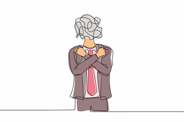 Poster - Single one line drawing businessman with round scribbles instead of head. Male manager with fists clenched, arms crossed gesture. Attractive guy with arms crossed. Continuous line draw design vector