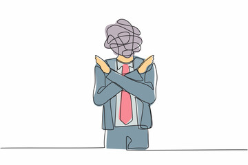 Poster - Single continuous line drawing businessman with round scribbles instead of a head. Office worker, making no hand sign or x symbol, crossing hands, rejection, displeased. One line graphic design vector