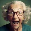 © Ricky - close up of silly surprised elderly woman's face isolated on green background, wide angle lens made with generative ai