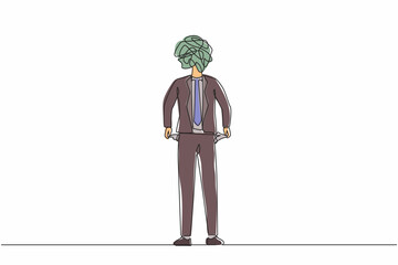 Poster - Single one line drawing businessman with round scribbles instead of head. Male manager with pockets turned outward, having no money. Bankrupt person. Continuous line draw design graphic vector