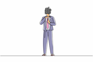 Poster - Continuous one line drawing businessman with round scribbles instead of head. Stop working, time break gesture, timeout signal. Body language sign with palms fingers. Single line draw design vector
