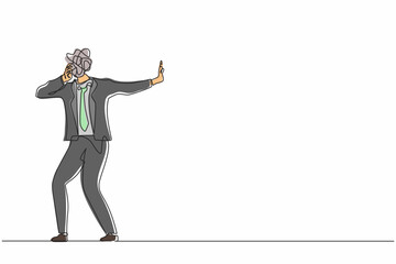 Poster - Single one line drawing businessman with round scribbles instead of head. Man stop gesture, male manager covering eyes with hand. Embarrassed, negative emotion pose. Continuous line draw design vector