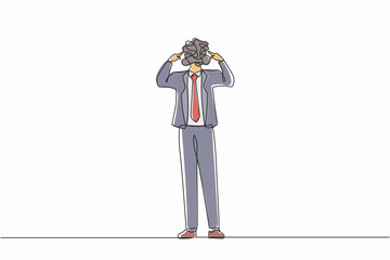 Poster - Single continuous line drawing businessman with round scribbles instead of a head. Male manager covering his ears with fingers. Person closing or plugging for loud noise. One line draw design vector