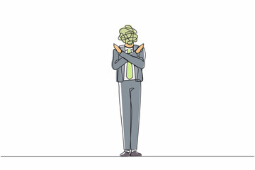 Poster - continuous one line drawing businessman with round scribbles instead of a head. man with crossed arm