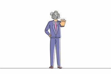 Poster - Continuous one line drawing businessman with round scribbles instead of head. Angry business man or strict boss standing and rejecting something with stop hand gesture. Single line draw design vector