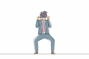 Poster - Single one line drawing businessman with round scribbles instead of head. Angry man raised fist gesture. Expresses negative emotions, feelings, desperately. Continuous line draw design graphic vector