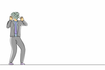 Poster - Single one line drawing businessman with round scribbles instead of head. Man shocked. Stop gesture with palm hands, shouting. Human emotions, expressions. Continuous line draw design graphic vector