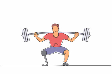 Poster - Single one line drawing disabled man weightlifter with amputated legs. Athletic weightlifting workout with barbell muscles sport strongman beautiful body fitness. Continuous line design graphic vector