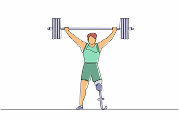 Poster - single continuous line drawing strong disabled bodybuilder sportsman lifting heavy weight barbell ov