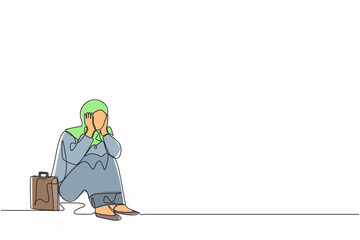 Poster - continuous one line drawing sad arabian businesswoman cover her face by hands and sitting on the flo