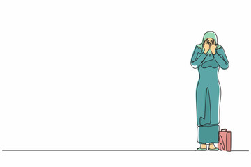 Poster - Single continuous line drawing Arab businesswoman cover her face by hands and crying. Depression disorder, sad, sorrow, disappointment. Psychological therapy, treatment. One line graphic design vector