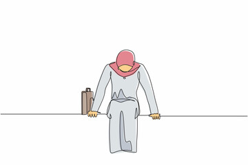 Poster - Continuous one line drawing sad Arabian businesswoman sits at bench alone. Woman suffering from depression, experience dismissal, gets into difficult life situation, despair. Single line design vector