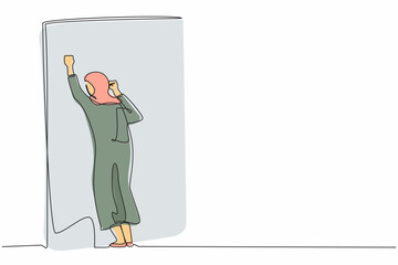 Poster - Single one line drawing Arab businesswoman crying sad lost her opportunity. Depressed office worker wailing on wall losing her job. Depressive disorder, sorrow. Continuous line design graphic vector