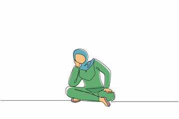 Poster - Single one line drawing Arab businesswoman who is asking questions or is confused because she gets into problem. Running out of idea, daydreaming, sad, depressed. Continuous line design graphic vector