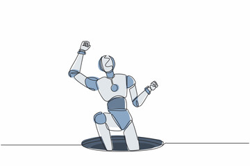 Poster - Single continuous line drawing robot fell into manhole underground sewer. Robotics artificial intelligence technology. Electronic technology industry. One line draw graphic design vector illustration