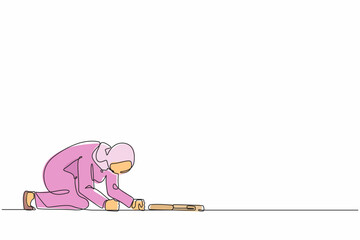 Poster - Single continuous line drawing depressed Arabian businesswoman with briefcase crawling in despair on floor. Frustrated office worker mental health problems. One line graphic design vector illustration