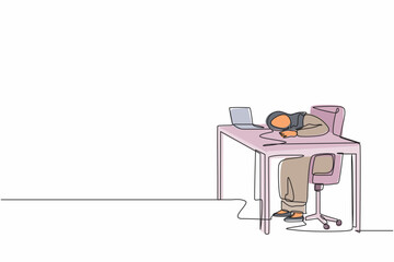 Poster - single one line drawing exhausted sick tired arab female manager in office sad boring sitting with h