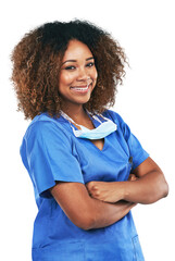 Aufkleber - Nurse woman, happy and arms crossed in portrait with smile, pride and excited face by transparent png background. Isolated female medic, doctor or happiness for health, wellness and service at clinic