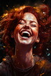 portrait of joyous laughing woman with glitter isolated on black background, made with generative ai