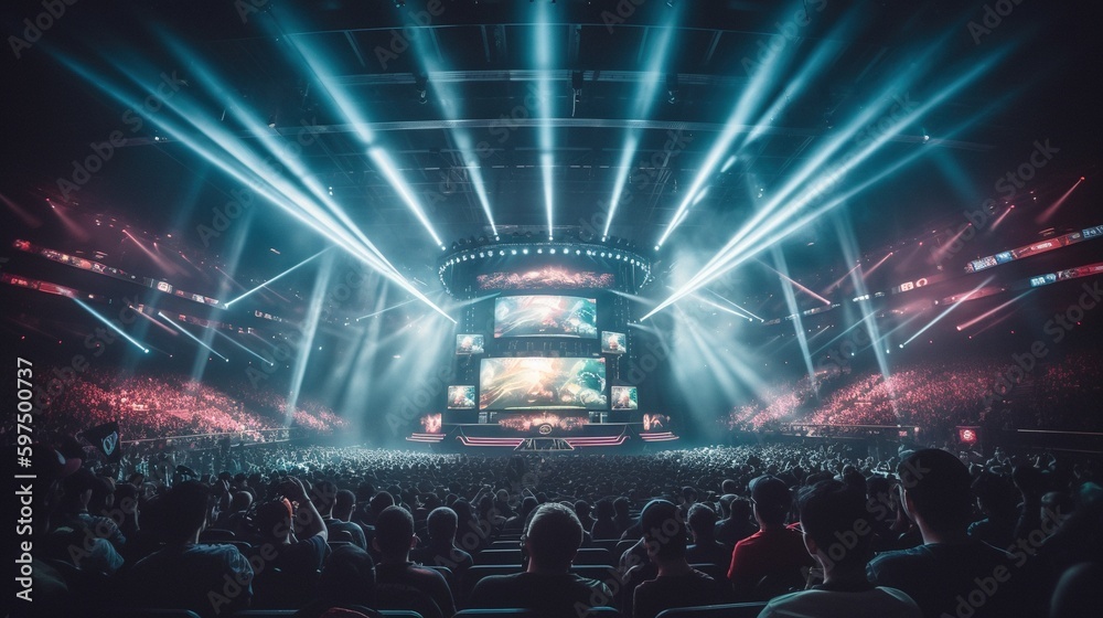 E-sports arena, filled with cheering fans and colorful LED lights ...
