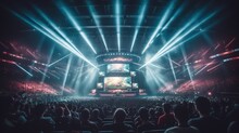 E-sports Arena, Filled With Cheering Fans And Colorful LED Lights. Players Compete On A Large Stage In Front Of A Massive Screen Displaying The Game. Generative AI