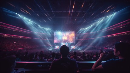 Wall Mural - E-sports arena, filled with cheering fans and colorful LED lights. Generative AI