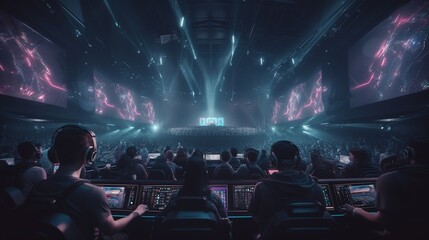 Wall Mural - E-sports arena, filled with cheering fans and colorful LED lights. Generative AI