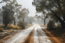 Snowing In Outback From Climate Change, Australia, Red Dirt Road And Gum Trees, Made With Generative Ai