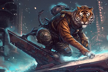 Sticker - cybernetic tiger jumping illustration generative ai