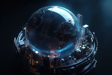 Wall Mural - future technology sphere cosmic background with earth inside a globe illustration generative ai
