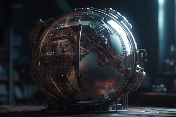 Wall Mural - future technology sphere cosmic background with earth inside a globe illustration generative ai