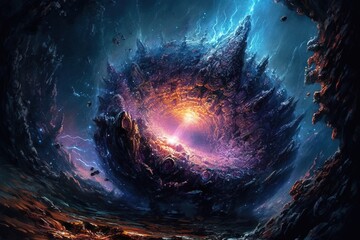 Wall Mural - Man standing in front of portal, surreal fantasy, futuristic blob jumping through a time portal illustration generative ai