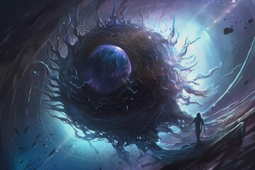 Wall Mural - Man standing in front of portal, surreal fantasy, futuristic blob jumping through a time portal illustration generative ai