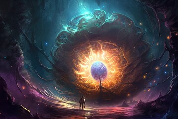 Wall Mural - Man standing in front of portal, surreal fantasy, futuristic blob jumping through a time portal illustration generative ai