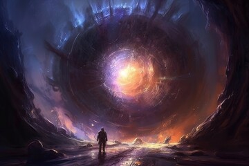 Wall Mural - Man standing in front of portal, surreal fantasy, futuristic blob jumping through a time portal illustration generative ai