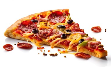 Pizza slice with food pieces around it isolated on white background Generative AI