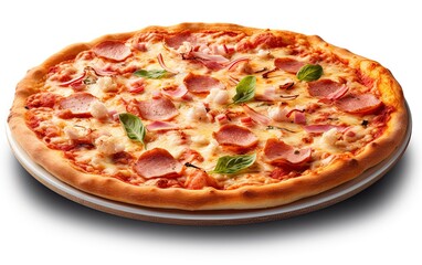 Wall Mural - Tasty pizza on wooden board isolated on white background Generative AI