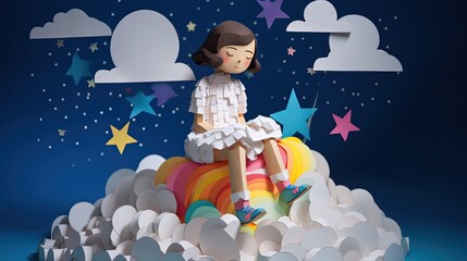 Wall Mural - paper craft illustration of a happy girl sitting on cloud, Generative Ai