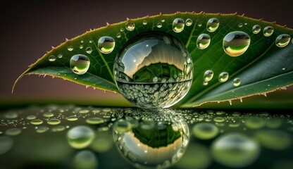 Wall Mural - beautiful green leaves with a drop of water beautiful water drop