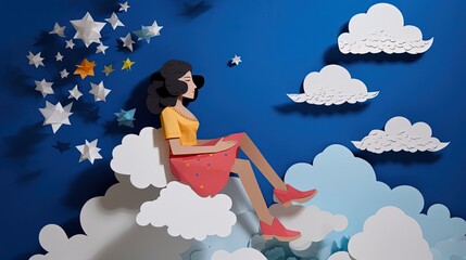 Wall Mural - paper craft illustration of a woman sitting on cloud, Generative Ai