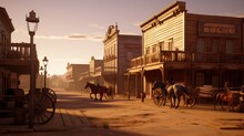 Western Town With Saloons, Cowboys, And Outlaws