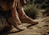 Fototapeta  - woman in summer comfortable espadrilles at beach, close up,  footwear , summer fashion detail , generative ai