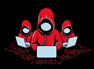 Wall Mural - Three hackers without face. Concept of red hat, hacker group, organization or association.