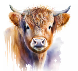 Watercolor cute baby highland cow painting. Realistic animal portrait illustration. Created with Generative AI technology.