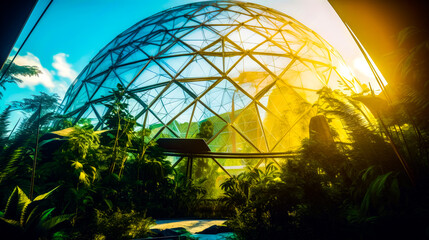 Sticker - Large glass dome in the middle of forest with sun shining through it. Generative AI.