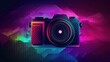 Cartoonish camera with colorful effects on a black background (AI generated image)