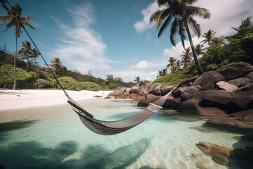 hammock over beautiful crystal clear turquoise island rock pools next to a white sandy beach with palm trees - Generative AI