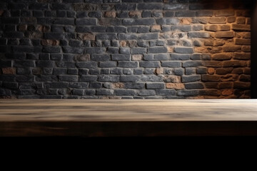 brick wall with blurred background with empty wooden table with free space for product display and mockup, copy space, small depth of field, ai generated – human enhanced