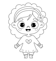 Sticker - Cute kid girl. Outline drawing coloring book. Vector illustration. Childrens collection. Isolated funny kid character on white background.